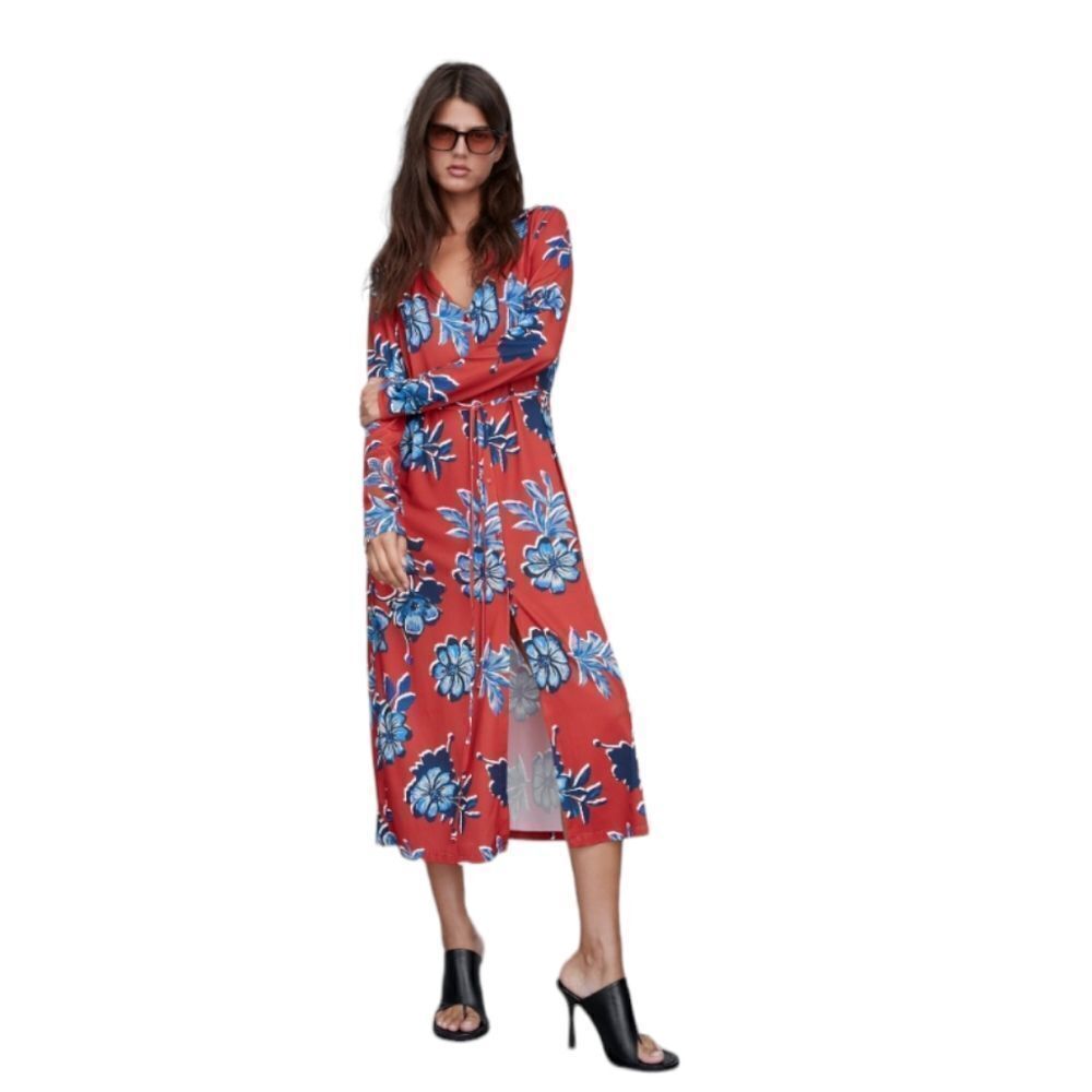 ZARA red tropical floral long sleeve v-neck button up midi dress S